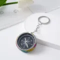 Detailed view of a portable aluminum alloy compass keychain with colorful rhinestones - Rainbow 1