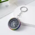Close-up detail of the rainbow rhinestone rim on a mini aluminum alloy compass keychain - Gradient Color 2