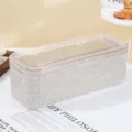 Elegant rhinestone encrusted makeup brush storage box with clear dust-proof lid for desk - Flip Rectangular Storage Box / White AB