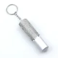 Close-up of a 5ml silver rhinestone-encrusted portable perfume spray bottle with keychain - Silver Bottle with White Rhinestones / White