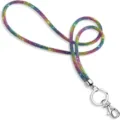 Detail view of 6-row rainbow rhinestone lanyard with silver lobster clasp and ring - Colorful