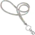 Detailed view of a sparkling six-row rhinestone neck lanyard with a polished silver clasp. - Iridescent