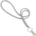 Detailed macro view of 6-row crystal rhinestone lanyard strap with silver metal clasp - White