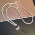 Close-up of luxury rhinestone phone lanyard with sparkling full drill crystal strap - Silver/White (Neck Style)