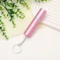 Detail of pink rhinestone-encrusted portable perfume atomizer with a handy keychain - Pink