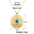 Λεπτομέρεια του χρυσού κολιέ με μενταγιόν evil eye με ζιργκόν και διαστάσεις - Στυλ Σφυρήλατο Στρογγυλό Κακό Μάτι (SL189)