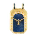 Close-up of golden vintage tarot pendant with blue enamel and winged bird figure - Blue Peace Dove (A1092)