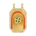 Vintage tarot style gold rectangular pendant with green four-leaf clover and CZ border - Red Edge Clover (A1088)