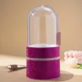 Detailed view of sparkling pink rhinestone makeup brush holder with clear protective dome lid - Rose Red