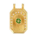 Detailed view of a gold tarot style pendant with a green four-leaf clover and white stones - Inlaid Clover (A1089)