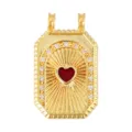 Detailed view of vintage gold tarot card pendant with red heart and clear crystals - Inlaid Red Heart (A1090)