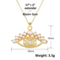 Detail van gouden boze oog hanger ketting met parels en afmetingen weergegeven - Parelgerande Boze Oog Stijl (SL196)