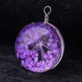 Forest style handmade glass pendant necklace with purple dried flowers in wire wrap - Silver Wire (P2022)