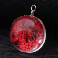 Handmade resin pendant with real red dried flowers for DIY jewelry making projects - Silver Wire (P2028)