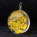 Exquisite handmade round glass pendant with vibrant yellow dried flowers for DIY jewelry - Silver Wire (P2025)