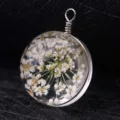 Forest style handmade round glass pendant with delicate white dried flowers inside - Silver Wire (P2023)
