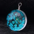 Handmade round glass pendant with blue dried flowers for DIY necklace and earring accessories - Silver Wire (P2027)