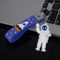 Cute astronaut rocket keychain silicone keyring backpack pendant couple gift bag charm - Style A with Strap / Blue