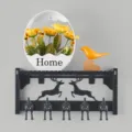 Estante de pared nórdico con diseño de ciervo y ganchos bonitos para organizar el hogar - Estante todo negro + Pájaro amarillo anaranjado + Cesta de flores n.º 7