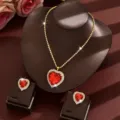 Elegant red heart crystal necklace earrings set, sparkly fashion jewelry for women parties. - Heart Jewelry Set / Red