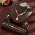 Red teardrop crystal bridal jewelry set silver plated necklace earrings bracelet accessory - Three-Piece Set / Red