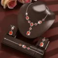 Bridal red crystal rhinestone necklace earrings bracelet jewelry set for women party. - Two-Piece Set / Red