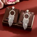 Close-up of sparkling silver rhinestone tassel earrings with geometric circle design. - Silver