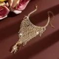 Luxury rhinestone tassel slave bracelet with finger rings for evening party jewelry detail view - HB988 / Gold