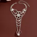 Silver rhinestone hand chain slave bracelet for women, sparkling crystal finger ring jewelry. - HB992 / Silver