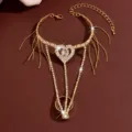 Sparkling Gold Rhinestone Heart Hand Chain Bracelet Slave Ring Tassel Jewelry Detail View - HB993 / Gold