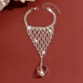 Detailed view of fashionable rhinestone hand chain slave bracelet with delicate fringe design. - HB1002 / Silver