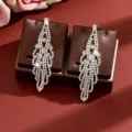 Sparkling rhinestone geometric tassel long earrings for women elegant party jewelry. - Silver