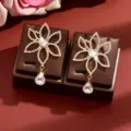 Sparkling rhinestone flower drop earrings for women luxury crystal tassel jewelry details - Gold