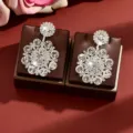Stunning full rhinestone flower statement earrings for women, luxury party jewelry accessory. - Silver