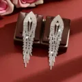 Elegant long rhinestone fringe earrings featuring sparkling full diamond design for women fashion. - Silver