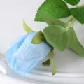 Single stem artificial light blue rose bud with detailed green leaves for home wedding decoration - Light Blue