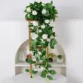 Artificial white rose hanging vine plant for home wall ceiling decor faux flower floral garland - White