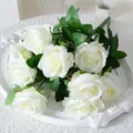 Elegant bouquet of nine white artificial silk roses for wedding home decoration. - 9-Head / White