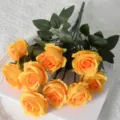 High-quality 9-head artificial silk rose bouquet in bright yellow for home and wedding decor - 9-Head / Orange