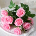 Realistic 9-head artificial pink roses bouquet for home wedding and Valentine decoration - 9-Head / Pink