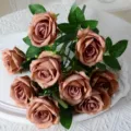 Vintage dusty rose 9-head artificial silk bouquet for home wedding decoration - 9-Head / Coffee