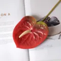 Fleur d'anthurium rouge artificielle tactile 3D pour décoration de mariage et arrangement - 60CM / Rouge avec Bord Vert