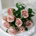 Elegant dusty pink 9-head artificial silk rose bouquet for home wedding decor - 9-Head / Light Coffee