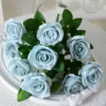 Dusty blue 9-head artificial silk rose bouquet for romantic home wedding and party decoration - 9-Head / Haze Blue