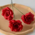 Artificial 3-head red diamond roses displayed on a decorative stone tray - Dark Red