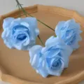 Lifelike 3-head artificial light blue roses on a beige tray for wedding flower decor - Sky Blue