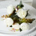 Bouquet de pivoines blanches artificielles 6 têtes fausses fleurs pour mariage et maison - Blanc