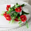 Fleurs artificielles de chrysanthème rouge à 6 têtes pour la décoration de mariage à la maison - Rouge Vif