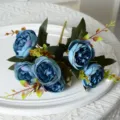 Bouquet de pivoines artificielles bleues 6 têtes roses en soie pour déco maison mariage. - Bleu