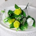 Élégant bouquet de roses artificielles jaunes et blanches pour décoration mariage - Bouquet de Roses (HBL0146) / Vert